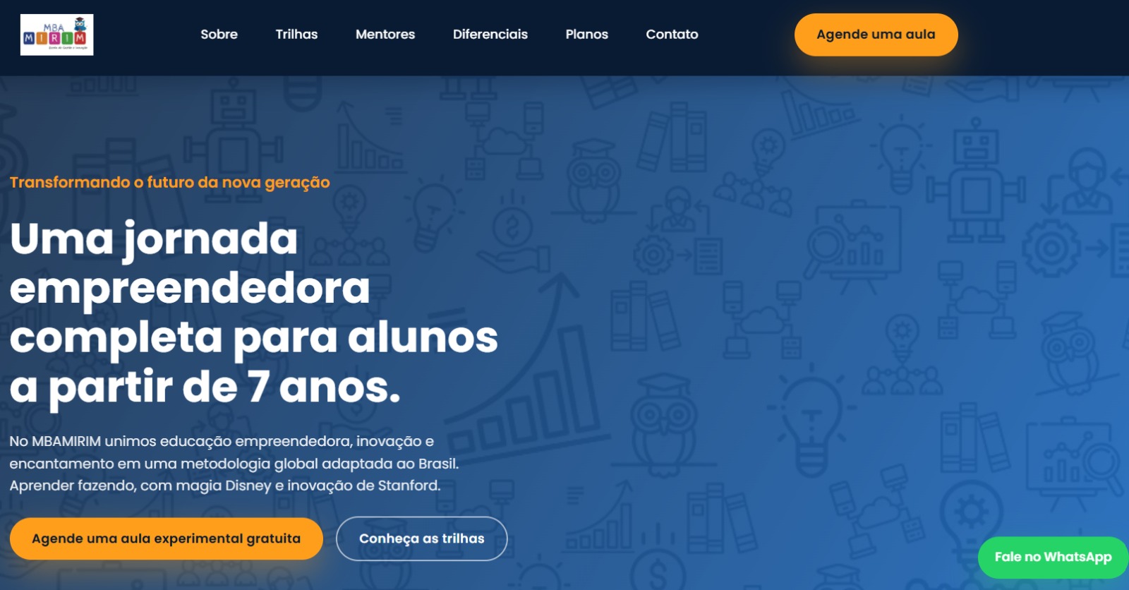 Captura desktop do website MBA MIRIM com navegação e apresentação da jornada empreendedora.